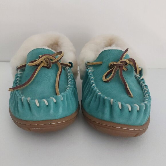 LL Bean Slippers Women 8 Teal Blue Suede Fur Lined Moccasins Cabincore Durable - Picture 6 of 15